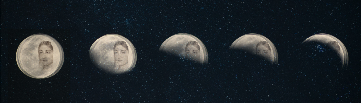 A series of moons at various stages in the moon cycle with a starry background, all with a woman's face superimposed.