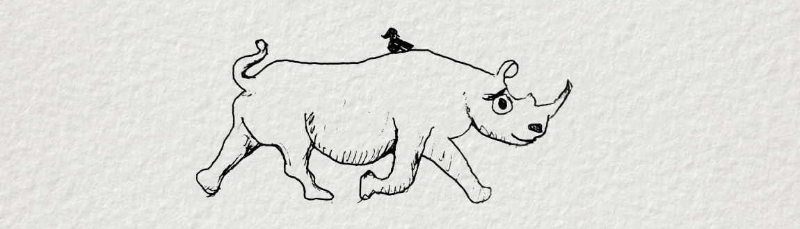 A black and white sketch of a cheerful Rhino in mid trot. A small bird sits on his back.